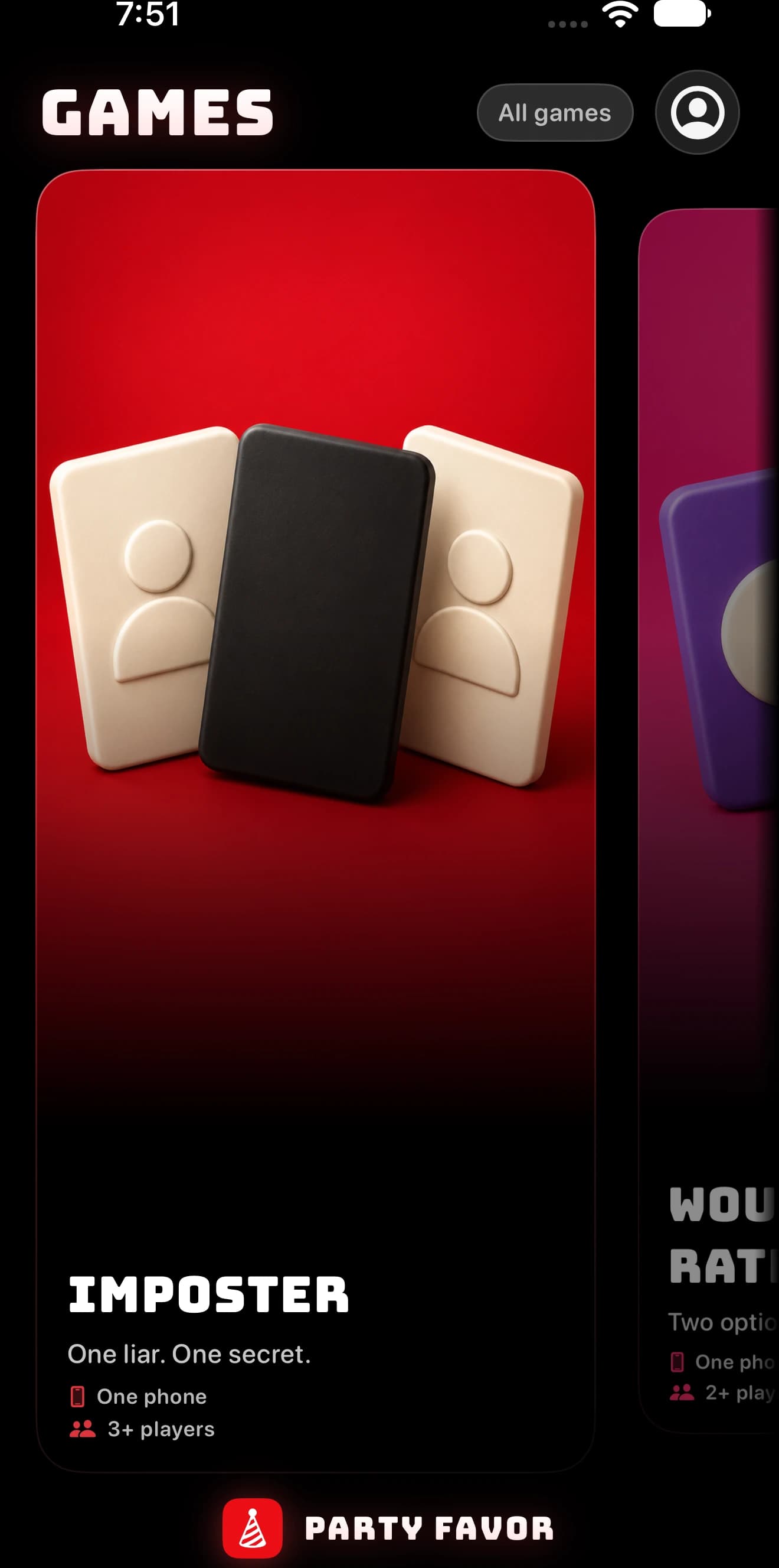 Party Favor Games shelf showing Imposter on iPhone